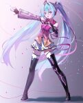  1girl absurdres bare_shoulders black_boots black_gloves blue_eyes blue_hair blush boots commentary detached_sleeves double-parted_bangs english_commentary fingerless_gloves freely_tomorrow_(vocaloid) full_body gloves grey_background hair_between_eyes hair_intakes hatsune_miku hatsune_miku_(star_voice) highres long_hair long_sleeves looking_at_viewer miniskirt muhui_lucky open_mouth outstretched_arm pink_shirt pink_sleeves pleated_skirt project_diva_(series) shirt skirt sleeveless sleeveless_shirt solo standing thigh_boots twintails very_long_hair vocaloid white_skirt zettai_ryouiki 