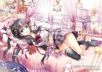  1girl artist_name bag bed black_hair black_thighhighs blue_bag blue_eyes blueberry bottle bow bowtie breasts cat copyright_notice eshi_100_nin_ten flower food fruit fujima_takuya full_body grey_skirt grey_socks hair_between_eyes long_hair mirror original pancake perfume_bottle plaid_clothes plaid_skirt purple_bow purple_bowtie red_flower rose shirt single_sock single_thighhigh skirt socks solo stuffed_animal stuffed_toy teddy_bear thighhighs translation_request very_long_hair white_shirt 