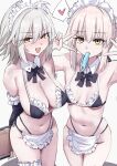  2girls ahoge apron artoria_pendragon_(fate) bikini black_bikini blonde_hair blush breasts choker commentary_request cosplay detached_collar double_v earrings fate/grand_order fate_(series) food frilled_bikini frilled_choker frilled_thigh_strap frills grey_hair highres jeanne_d'arc_alter_(fate) jewelry looking_at_viewer maid maid_bikini maid_headdress multiple_girls notonaon popsicle saber_alter saber_alter_(swimsuit_rider)_(second_ascension) saber_alter_(swimsuit_rider)_(second_ascension)_(cosplay) short_hair small_breasts stud_earrings swimsuit thigh_strap unconventional_maid v waist_apron yellow_eyes 
