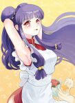  1girl absurdres apron armpits arms_behind_head bird bouquet bow breasts china_dress chinese_clothes commentary_request double_bun dress duck hair_bow hair_bun highres holding holding_bouquet long_hair maid_apron mousse_(duck)_(ranma_1/2) norimi_(k_nori) purple_hair ranma_1/2 red_dress red_eyes shampoo_(ranma_1/2) sidelocks white_apron yellow_bow 