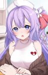  1girl absurdres ahoge azur_lane bare_shoulders blue_eyes blush breasts brown_sweater commander_(azur_lane) commentary dress drill_hair hair_ribbon hat highres indoors jacket kyouya0514 long_hair looking_at_viewer medium_breasts nurse_cap off_shoulder official_alternate_costume one_side_up open_mouth purple_hair red_ribbon ribbon side_drill sketch sweater taut_clothes taut_dress unicorn_(angelic_nurse)_(azur_lane) unicorn_(azur_lane) white_dress worried 