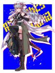  1girl absurdres arknights bandaged_arm bandages bandaid bandaid_on_face black_shirt black_thighhighs blue_background boots brown_boots clothes_around_waist commentary_request cross cross_earrings demon_girl demon_horns demon_tail dnstar_1019 earrings full_body grey_hair highres horns jacket jacket_around_waist jewelry long_hair open_mouth orange_eyes saria_(arknights) saria_(stronghold)_(arknights) shirt simple_background single_earring smile solo standing standing_on_one_leg strapless strapless_shirt tail teeth thighhighs 