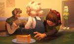 1boy 1other 2girls acoustic_guitar aged_down antlers asriel_dreemurr bed bedroom blonde_hair blue_eyes brown_fur brown_hair butterscotch_cinnamon_pie carpet december_holiday deer_girl deltarune design_speculation fake_horns food goat_boy goat_horns green_sweater guitar hairband highres holding holding_guitar holding_instrument horn_hairband horns indoors instrument kris_(deltarune) licking_lips medyrick multiple_girls noelle_holiday pie pie_slice plate playing_guitar playing_instrument poster_(object) realistic short_twintails striped_clothes striped_sweater sweater tongue tongue_out twintails utdr_(toby_fox) white_fur 
