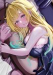  1girl absurdres aizawa_ema aqua_hair blonde_hair blue_eyes blush breasts camisole commentary_request gradient_hair hair_flaps highres holding holding_phone ikeko_kei indoors large_breasts long_hair looking_at_viewer lying multicolored_hair on_bed on_side parted_lips phone sideboob solo spaghetti_strap stuffed_toy virtual_youtuber vspo! 