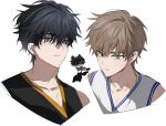  2boys @_@ animal_ears annoyed ball basketball_(object) basketball_jersey basketball_uniform black_eyes black_hair black_tank_top blue_trim brown_eyes brown_hair cat_boy cat_ears cat_tail chibi chibi_inset choi_jongsu chu_yeon close-up commentary_request couple garbage_time grey_eyes holding holding_ball kemonomimi_mode ki_sangho korean_commentary looking_at_viewer lower_eyelashes_only messy_hair mole mole_under_eye multiple_boys orange_trim portrait shaded_face shadow sportswear tail tank_top white_tank_top yaoi 