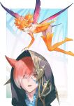  1boy 1other achiki animal_ears bare_shoulders black_robe boots cat_boy cat_ears commentary_request crystal crystal_exarch crystallization facial_mark fairy fairy_wings feo_ul final_fantasy final_fantasy_xiv fingernails g'raha_tia highres holding hood hood_up hooded_robe insect_wings looking_at_another material_growth miqo'te multicolored_hair open_mouth orange_hair pixie_(ff14) pointy_ears red_eyes red_hair robe sharp_fingernails short_hair short_twintails smile thigh_boots twintails wings 