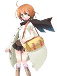  1girl antenna_hair bag black_sailor_collar black_skirt coat commentary_request ichifuji_nitaka medic_(sekaiju) medic_2_(sekaiju) open_clothes open_coat open_mouth orange_hair sailor_collar sekaiju_no_meikyuu sekaiju_no_meikyuu_1 short_hair simple_background skirt socks solo standing striped_clothes striped_socks white_background white_coat yellow_bag 