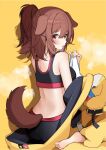  1girl animal_ears back barefoot black_shorts black_sports_bra blush brown_eyes brown_hair commentary_request dog_ears dog_girl dog_tail from_behind high_ponytail highres hololive inugami_korone inugami_korone_(yb-2_overalls) jumpsuit looking_at_viewer looking_back looking_to_the_side median_furrow official_alternate_costume official_alternate_hairstyle parted_lips ponytail shorts sitting soles solo sports_bra steaming_body sweat tail takumin_dx toes tongue tongue_out turning_head undressing virtual_youtuber wariza yellow_background yellow_jumpsuit 