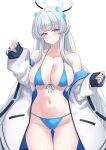  1girl asya bikini blue_archive blue_bikini blue_nails breasts cleavage collarbone commentary_request front-tie_bikini_top front-tie_top halo headgear highres jacket large_breasts long_hair looking_at_viewer mechanical_halo noa_(blue_archive) purple_eyes smile solo string_bikini swimsuit two-sided_fabric two-sided_jacket white_background white_hair white_halo white_jacket 