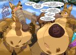 2022 after_vore anthro belly big_belly blue_sky brown_body brown_fur canid canine canis clothing daniel_(fidchellvore) duo english_text enuk_(fidchellvore) fidchellvore footwear fur jackal lagomorph leporid male male_pred male_prey mammal outside overweight rabbit shoes sky speech_bubble text vore
