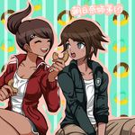  1boy 1girl 2girls artist_request asahina_aoi asahina_yuuta blue_eyes brown_hair danganronpa dark_skin doughnut eating food hair_ornament multiple_girls owari_akane shorts sportswear 