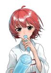  1girl ahoge babel_(utau) black_eyes collared_shirt commentary_request detached_ahoge dot_nose food food_in_mouth highres holding holding_food holding_popsicle incoming_gift iyowa_girls kasane_teto looking_at_viewer monuyu_i popsicle pov red_hair shirt short_hair simple_background straight-on upper_body utau white_background white_shirt 