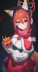  1girl absurdres alternate_costume animal_ear_fluff animal_ears bell blue_archive blush box brown_eyes brown_hair capelet closed_mouth commentary extra_ears fox_ears fox_girl fox_tail green_sash hair_between_eyes halo highres holding holding_box izuna_(blue_archive) kiwi_(uwee8553) medium_hair neck_bell pink_halo pink_scarf red_capelet red_skirt santa_costume sash scarf shirt skirt smile solo tail white_shirt 