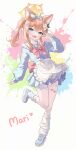  1girl :d absurdres amelcia_(pyj5341t) animal_ear_fluff animal_ears apron bandaid bandaid_on_leg bandaid_on_thigh blue_archive blue_eyes blue_hairband blue_jacket blue_shoes blue_skirt blush bow bow_hairband bowtie cat_ears cat_girl character_name commentary_request double-parted_bangs fang flower frilled_apron frills full_body hair_between_eyes hair_flower hair_intakes hair_ornament hairband halo hand_up highres incredibly_absurdres jacket jersey_maid long_hair long_sleeves looking_at_viewer maid mari_(blue_archive) miniskirt open_mouth orange_hair pleated_skirt red_bow red_bowtie shoes sidelocks skin_fang skirt smile sneakers socks solo standing standing_on_one_leg track_jacket unconventional_maid v waist_apron white_apron white_socks yellow_halo 