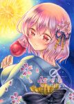  1girl aerial_fireworks alternate_costume back_bow black_bow black_ribbon blue_kimono blush bow breasts candy_apple closed_mouth commentary_request fireworks flower food hair_flower hair_ornament hair_ribbon highres holding holding_candy_apple holding_food japanese_clothes kimono large_breasts looking_at_viewer missing_headwear nekofish666 night petal_print pink_eyes pink_hair print_kimono ribbon saigyouji_yuyuko short_hair smile solo touhou traditional_media upper_body watermark 
