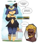  ... 1boy 1girl absurdres animal_ears animal_hands beard black_dress blonde_hair blue_fur blush breasts cat_ears claws cleavage closed_eyes commentary_request dark-skinned_male dark_skin dress facial_hair full_body furry furry_female gameplay_mechanics health_bar highres korean_commentary korean_text medium_breasts open_mouth palworld player_character_(palworld) sangobob sekhmet_(palworld) short_hair smile spoken_ellipsis strapless strapless_dress translation_request venus_symbol yellow_fur 