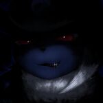  absol absurdres close-up commentary dark highres likey looking_at_viewer no_humans pokemon pokemon_(creature) pokemon_focus red_eyes sharp_teeth solo sparkle teeth 
