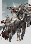  1boy 1girl absurdres adoptive_parent_and_adoptive_child animal_ears animal_skull antlers arknights armor black_gloves boots cape coat commentary_request deer_antlers deer_skull ear_ornament father_and_child father_and_daughter frostnova_(arknights) full_body gloves grey_eyes grey_hair helmet highres holding holding_sword holding_weapon hood hooded_coat horns long_hair looking_at_another looking_up mask open_clothes open_coat open_mouth parent_and_child patriot_(arknights) rabbit_ears red_eyes rokunose scar scar_on_face scar_on_nose shirt skull_mask standing sword thigh_boots thighhighs twitter_username walking weapon white_coat 