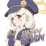  1girl aoba_(blue_archive) backscratcher777 blonde_hair blue_archive blue_hat blue_jacket brown_gloves commentary english_text from_side gloves halo happy_birthday hat highres jacket light_blush looking_to_the_side low_twintails newsboy_cap open_mouth orange_eyes orange_halo own_hands_together simple_background solo twintails upper_body white_background 