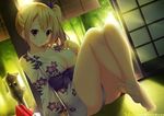  :o absurdres barefoot blonde_hair blush breasts cleavage floral_print food fruit hair_ribbon highres japanese_clothes kaho_okashii kawakami_mai kimono large_breasts long_hair looking_at_viewer mole mole_under_eye musaigen_no_phantom_world obi on_floor open_mouth panties purple_eyes ribbon sash side_ponytail sidelocks solo toes tree underwear watermelon 