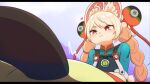  1girl 1other :3 ahoge animal_ear_fluff animal_ears bangboo_(zenless_zone_zero) blush braid bright_pupils closed_mouth commentary english_commentary furry furry_female hair_ornament highres long_hair looking_at_another neropizza pink_fur pink_hair rabbit_ears rabbit_girl red_eyes screw shirt short_eyebrows sphere_hair_ornament thick_eyebrows twin_braids white_pupils zenless_zone_zero zhao_(zenless_zone_zero) 