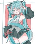  1girl :d ;d bare_shoulders black_skirt black_sleeves black_thighhighs blue_eyes blue_hair blue_necktie blush_stickers border collared_shirt commentary_request cowboy_shot detached_sleeves double-parted_bangs fang grey_shirt hair_between_eyes hair_intakes hand_up hatsune_miku highres ilei53zv long_hair long_sleeves looking_at_viewer miniskirt necktie one_eye_closed open_mouth outside_border pleated_skirt red_background shirt simple_background skin_fang skirt sleeveless sleeveless_shirt smile solo thighhighs twintails twitter_username very_long_hair vocaloid w white_border wide_sleeves zettai_ryouiki 
