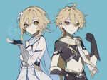  1boy 1girl aether_(genshin_impact) ahoge bare_shoulders black_gloves blonde_hair blue_background blue_trim braid breasts brother_and_sister brown_pants brown_shirt cleavage clenched_hand closed_mouth commentary cowboy_shot crop_top detached_sleeves dress feather_hair_ornament feathers flower genshin_impact gloves hair_between_eyes hair_flower hair_ornament hand_up highres long_hair looking_at_viewer low-braided_long_hair low-tied_long_hair lumine_(genshin_impact) medium_breasts midriff pants partially_fingerless_gloves scarf shirt short_hair short_hair_with_long_locks short_sleeves siblings sidelocks simple_background single_braid sleeveless sleeveless_dress smile standing twins vambraces vixsi_art white_dress white_flower white_scarf yellow_eyes 