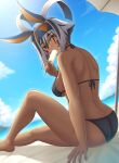  1girl animal_ears antenna_hair ass beach bikini black_hair breasts chuppa_(katotsuba) colored_inner_hair commentary_request dark-skinned_female dark_skin earrings facepaint facial_mark fate/grand_order fate_(series) food food_in_mouth hairband jackal_ears jewelry large_breasts looking_at_viewer multicolored_hair nitocris_(fate) nitocris_alter_(fate) nitocris_alter_(second_ascension)_(fate) outdoors parasol popsicle popsicle_in_mouth short_hair sidelocks sitting streaked_hair swimsuit umbrella white_bikini white_hair yellow_eyes 