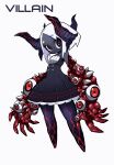  1girl absurdres black_skin colored_skin commentary english_commentary english_text eyeball full_body highres horns koh_jin looking_at_viewer monster_girl original red_eyes simple_background smile solo white_hair 
