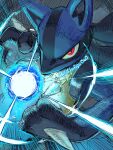  1other aura_sphere_(pokemon) black_fur blue_fur furry hakofuguowo highres looking_at_viewer lucario no_humans other_focus pokemon pokemon_(creature) pokemon_focus red_eyes solo spikes twitter_username yellow_fur 