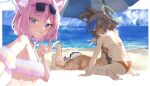  2girls animal_ear_fluff animal_ears beach bikini blue_archive blue_eyes blue_halo blush braid brown_hair buried buried_in_sculpted_sand commentary doodle_sensei_(blue_archive) eyewear_on_head flat_chest fox_ears fox_girl green_eyes green_halo grin half_updo halo herakuchi highres long_hair multicolored_bikini multiple_girls niko_(blue_archive) niko_(c108_swimsuit)_(blue_archive) ocean off-shoulder_bikini off_shoulder official_alternate_costume orange_bikini otogi_(blue_archive) otogi_(c108_swimsuit)_(blue_archive) pink_bikini pink_hair sensei_(blue_archive) short_hair smile sunglasses swimsuit very_long_braid very_long_hair visor_cap white_bikini yellow_bikini 