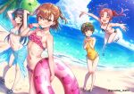  4girls alternate_hairstyle armpits asymmetrical_bangs ball beach beachball bikini black_hair blue_bikini blue_sarong blue_sky breasts brown_eyes brown_hair collarbone commentary_request cover cover_page day doujin_cover finger_in_own_mouth flower frilled_bikini frills gekota hair_flower hair_ornament hairclip halterneck holding holding_swim_ring isshi_pyuma long_hair looking_at_viewer medium_hair micro_bikini misaka_mikoto multiple_girls navel ocean one-piece_swimsuit outdoors pink_bikini ponytail pyonko ruffle_bikini sand sandals sarong saten_ruiko shirai_kuroko sky small_breasts stomach string_bikini striped_bikini striped_clothes swim_ring swimsuit toaru_kagaku_no_railgun toaru_majutsu_no_index uiharu_kazari yellow_one-piece_swimsuit 