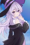  1girl absurdres black_cape black_hat blue_sky blush cape center_frills closed_mouth cloud commentary_request elaina_(majo_no_tabitabi) frills hat highres komugi_233 long_hair looking_at_viewer majo_no_tabitabi purple_eyes purple_hair shirt sky smile solo white_shirt witch witch_hat 