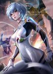  ayanami_rei bandages banned_artist blue_hair blurry bodysuit breasts chromatic_aberration cloud cloudy_sky depth_of_field eva_00 eva_01 lens_flare looking_afar mecha neon_genesis_evangelion pale_skin plugsuit red_eyes sakimichan sky small_breasts sun transmission_tower watermark web_address white_bodysuit 