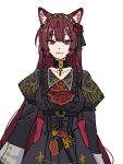  1girl :3 animal_ears arms_at_sides ascot assault_lily back_bow belt black_belt black_collar black_dress black_ribbon bow breasts cat_ears cat_girl center_frills chinese_commentary closed_mouth collar commentary_request cross_pendant dress flower frills gatti_love gold_hairband gozen_(assault_lily) hair_flower hair_ornament hair_ribbon hairband highres juliet_sleeves kemonomimi_mode long_hair long_sleeves looking_at_viewer medium_breasts pendant_collar puffy_sleeves red_ascot red_bow red_eyes red_flower red_hair red_rose ribbon rose simple_background sleeve_belt smile solo very_long_hair white_background 