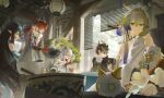  2boys 3girls arknights arts_(90620075) bare_shoulders black_hair blonde_hair blue_hair bowl brother_and_sister chongyue_(arknights) colored_extremities colored_tips commentary dragon_bean_(arknights) dragon_girl dragon_horns dusk_(arknights) earrings eating food grey_hair hair_between_eyes holding holding_bowl horns jewelry long_sleeves looking_at_viewer multicolored_hair multiple_boys multiple_girls nian_(arknights) noodles pointy_ears red_hair red_hands shu_(arknights) siblings sitting streaked_hair tassel tassel_earrings yellow_hands yu_(arknights) 