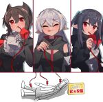  1other 3girls absurdres ambiguous_gender arknights black_hair blood brown_hair cleavage_cutout closed_eyes closure_(arknights) clothing_cutout commentary_request detached_sleeves doctor_(arknights) entelechia_(arknights) gloves grey_hair highres iguana152588 intravenous_drip jacket licking_lips long_sleeves multiple_girls open_clothes open_jacket pointy_ears red_eyes red_gloves tongue tongue_out two_side_up vampire warfarin_(arknights) 