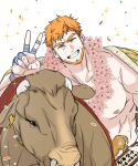  1boy ^_^ alternate_costume bara beard belt bull chinese_zodiac chinstrap_beard closed_eyes commentary_request confetti facial_hair flower_wreath grin hebaron_nirta highres korean_commentary male_focus mature_male muscular muscular_male new_year nipples orange_hair sharks_line3 short_hair simple_background smile solo sparkle sparkling_aura thick_eyebrows translation_request under_the_oak_tree upper_body v wavy_hair year_of_the_ox 