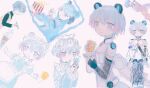  1girl animal_ears apron bang_dream! bang_dream!_yumemita bear_ears bear_girl black_gloves blue_hair commentary eating elbow_gloves fake_animal_ears fingerless_gloves food frilled_apron frills gloves highres holding holding_food jacket jersey_maid maid maid_apron minetsuki_ritsu short_hair simple_background solo tenshi_kaiwai track_jacket unconventional_maid untranslatable_commentary virtual_youtuber white_apron yumei_yume 