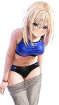  1girl absurdres blonde_hair blush breasts clothes_pull commentary_request grey_pants highres long_hair original pants pants_pull purple_eyes sports_bikini sweatpants track_and_field track_uniform wristband yukemuriganmo 