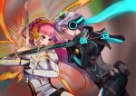  2girls absurdres badge belt_pouch black_bodysuit black_jacket blue_eyes blue_gloves bodysuit button_badge commentary cropped_jacket english_commentary fighting gloves grey_hair grey_scarf hair_ornament headgear highres holding holding_sword holding_weapon icey icey_(game) jacket long_hair multiple_girls neon_trim oc_x_canon original pink_hair ponytail pouch red_eyes scarf short_hair sword weapon white_bodysuit xesxus 