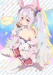  animal_ears aosora_neko azur_lane breasts camisole cleavage collarbone commentary_request eating fake_animal_ears food full_body hairband highres holding holding_food holding_stuffed_toy jacket laffey_(azur_lane) long_hair no_shoes off_shoulder pink_jacket rabbit_ears red_eyes red_hairband red_skirt sitting skirt strap_slip stuffed_animal stuffed_rabbit stuffed_toy thighhighs twintails wariza white_camisole white_hair white_thighhighs 