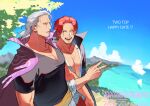  2boys absurdres benn_beckman black_shirt blue_sky cloud collarbone commentary_request earrings facial_hair goatee_stubble grey_eyes grey_hair highres jewelry male_focus momoh_jiyucho multiple_boys one_piece open_mouth outdoors pectoral_cleavage pectorals red_hair scar scar_on_face shanks_(one_piece) shirt sky smoking sparse_stubble stubble v 