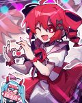  2girls :d ahoge aqua_hair black_bow bow bowtie bright_pupils character_name cheering chibi commentary dress drill_hair four-finger_heart_hands glowstick hair_between_eyes hatsune_miku headband heart heart_hands highres holding holding_sign idol idol_clothes jiu_(jiu076) kasane_teto multiple_girls one_eye_closed penlight_(glowstick) red-framed_eyewear red_bow red_bowtie red_dress red_eyes red_hair red_headband red_nails semi-rimless_eyewear sign smile stage_lights synthesizer_v twin_drills twintails under-rim_eyewear untranslatable_commentary utau vocaloid wagamama_de_nani_ga_warui_(synthesizer_v) white_dress white_pupils wristband 