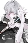  1boy absurdres blood blood_on_face blood_on_weapon closed_mouth grey_eyes grey_hair hair_between_eyes highres holding holding_sword holding_weapon katana male_focus original sample_watermark short_hair simple_background single_hair_intake solo sword tanli_qishui_ji upper_body watermark weapon white_background 
