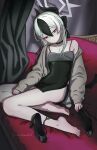  1girl artist_name bare_legs bare_shoulders barefoot black_bow black_choker black_dress black_hair black_horns black_nails black_shoes blue_archive blush bow breasts bright_pupils choker closed_mouth collarbone commentary_request couch dress dutch_angle eyelashes feet full_body grey_hair grey_halo hair_between_eyes hair_bow halo high_heels highres horns jacket kayoko_(blue_archive) kayoko_(dress)_(blue_archive) legs looking_down multicolored_hair nail_polish off_shoulder on_couch open_clothes open_jacket red_eyes shirakawafel shoes short_dress sitting small_breasts soles solo streaked_hair toenail_polish toenails toes twitter_username unworn_shoes white_pupils 