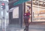  1girl absurdres animal_ears arknights awning bag baguette bakery beanie black_boots black_hat black_pantyhose black_skirt boots bread commentary_request food fox_ears fox_girl fox_tail frostleaf_(arknights) grey_hair grey_shirt hat headphones highres holding holding_bag implied_extra_ears jacket knee_pads lamppost long_hair long_sleeves off-shoulder_shirt off_shoulder open_clothes open_jacket outdoors pantyhose paper_bag rain red_eyes red_jacket road shelf shirt shop skirt solo standing street suzubotan tail traffic_bollard wide_shot 