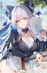 1girl anko_(kimt140n) black_shirt blue_sky breasts bug butterfly closed_mouth collarbone commentary_request cowboy_shot cup dessert food grey_hair hair_over_one_eye hand_fan highres holding holding_fan jewelry large_breasts long_hair looking_at_viewer mole mole_under_mouth necklace official_alternate_costume pointy_ears purple_eyes shirt sky smile solo velina_airgid velina_airgid_(shade_of_leisure) zenless_zone_zero 