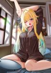  1girl absurdres aizawa_ema aqua_hair arm_up bedroom blonde_hair blue_eyes breasts brown_shirt brown_shorts cleavage commentary_request gradient_hair hair_flaps hair_intakes hand_on_own_arm highres ikeko_kei indoors large_breasts lens_flare long_hair looking_at_viewer lying morning multicolored_hair on_back one_eye_closed open_mouth pajamas shirt short_shorts shorts sitting solo squeans stretching stuffed_animal stuffed_toy virtual_youtuber vspo! window 