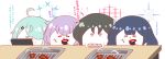  :d ^_^ ahoge arius_squad_(blue_archive) atsuko_(blue_archive) black_hair blue_archive blue_eyes blue_hair blush bowl chibi chopsticks closed_eyes closed_mouth commentary_request eating food food_on_face hair_ornament hair_over_one_eye hairclip halo highres hiyori_(blue_archive) holding holding_bowl holding_chopsticks kurukurumagical misaki_(blue_archive) open_mouth purple_hair red_eyes rice rice_bowl saori_(blue_archive) simple_background smile tears translation_request v-shaped_eyebrows white_background yakiniku 